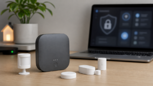 Aqara hub with smart home security dashboard