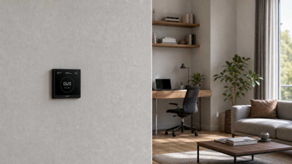 Aqara Air Monitoring Panel S1 installed flush on a living room wall