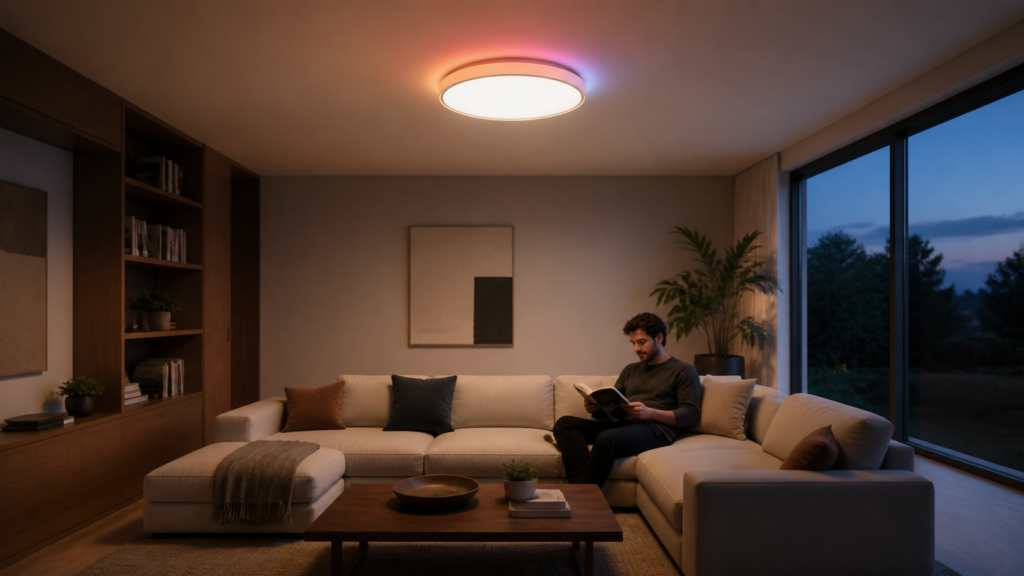 Aqara Ceiling Light T1M installed flush in a living room with warm main light and a coloured RGBIC ring