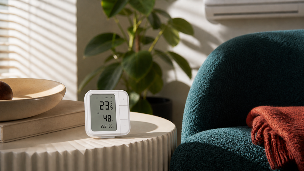 Aqara Climate Sensor W100 displaying temperature and humidity on a side table in a sunlit room