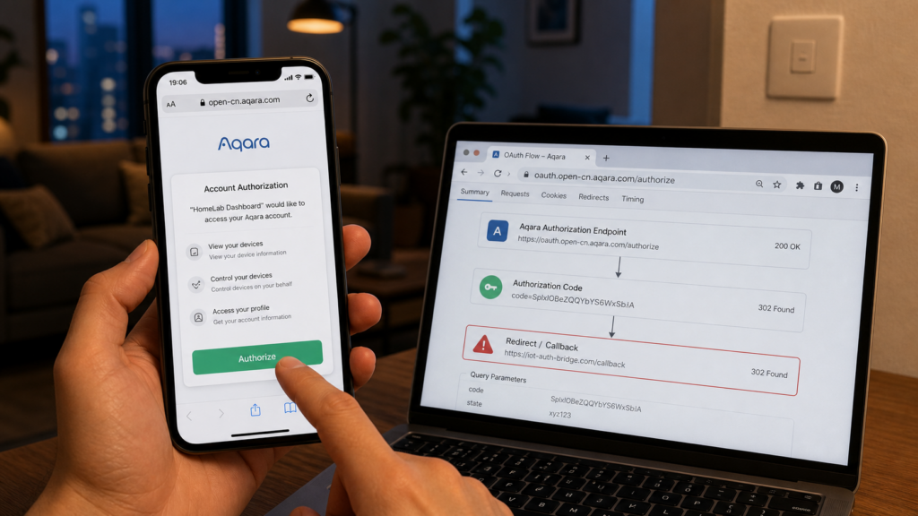 Aqara account authorization on a phone beside a laptop showing an OAuth callback-domain warning