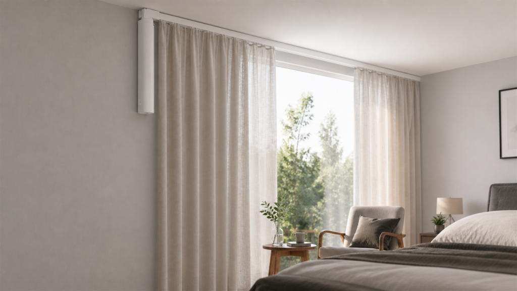 Aqara Curtain Motor B1 installed vertically at the drive end of a ceiling-mounted curtain track in a bedroom