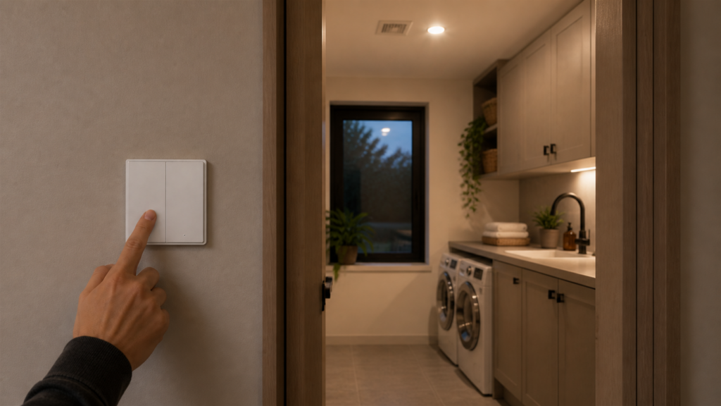 Aqara D1 QBKG24LM double wall switch installed outside a laundry room, controlling its light and extractor