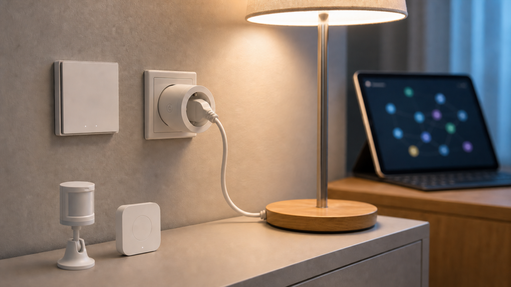 Aqara D1 no-neutral wall switch, Smart Plug EU, motion sensor, and wireless mini switch illustrating Zigbee mesh roles