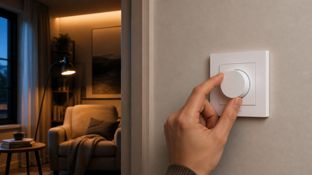 Aqara Dimmer Switch H2 EU installed beside a reading corner as a hand turns its rotary dial
