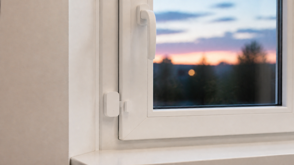 Aqara MCCGQ11LM door and window sensor mounted across the fixed frame and moving sash of a casement window