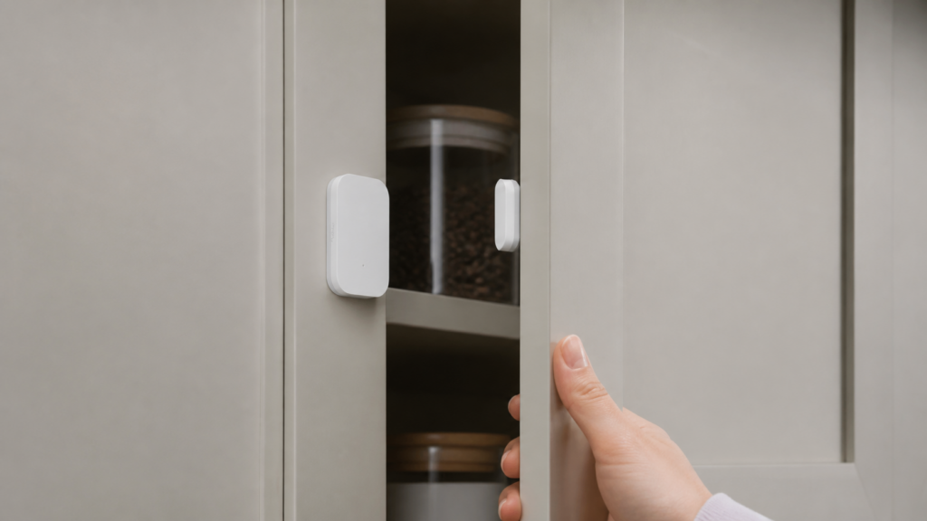 Aqara Door and Window Sensor T1 MCCGQ12LM aligned across the fixed frame and moving door of a pantry cabinet