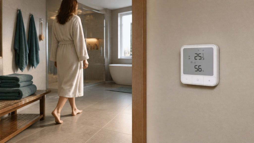 Aqara Floor Heating Thermostat W500 UT-A01E installed flush in a bathroom with a person walking barefoot on the tiled floor