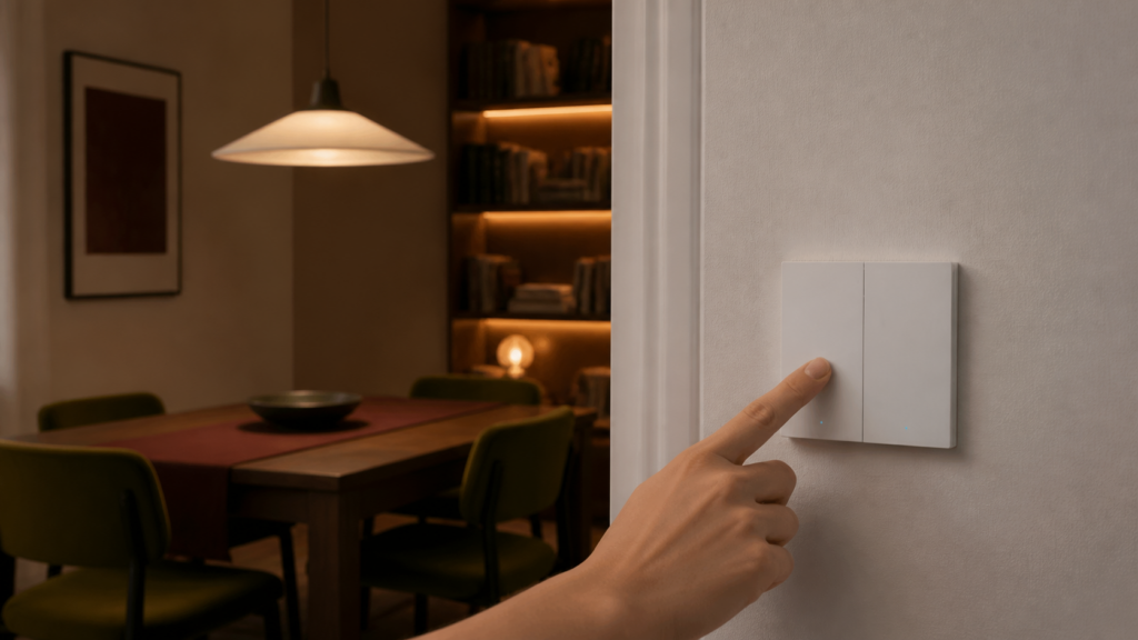 Aqara H1 EU No-Neutral Double Rocker WS-EUK02 installed beside a dining room with two separate lighting zones