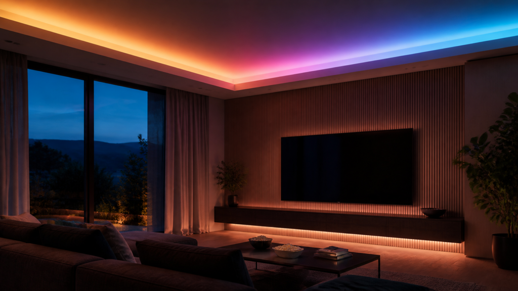 Indirect RGBIC light from an Aqara LED Strip T1 concealed in ceiling coves and behind a media console