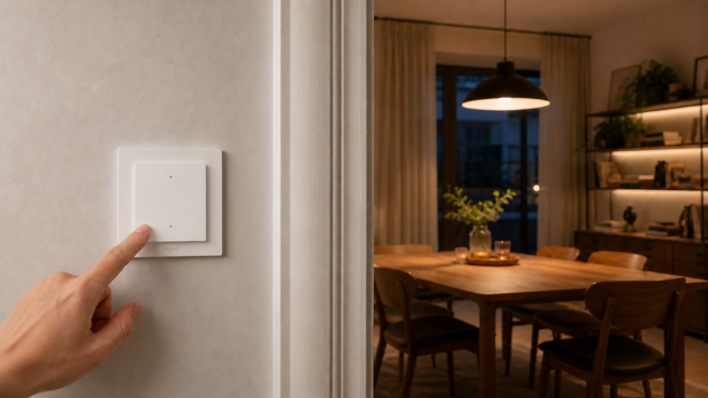 Aqara Light Switch H2 EU WS-K07E installed beside a dining room as a hand presses its seamless rocker