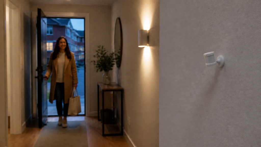 Aqara Motion Sensor E1 RTCGQ15LM mounted on its compact wall stand and detecting a person entering the hallway