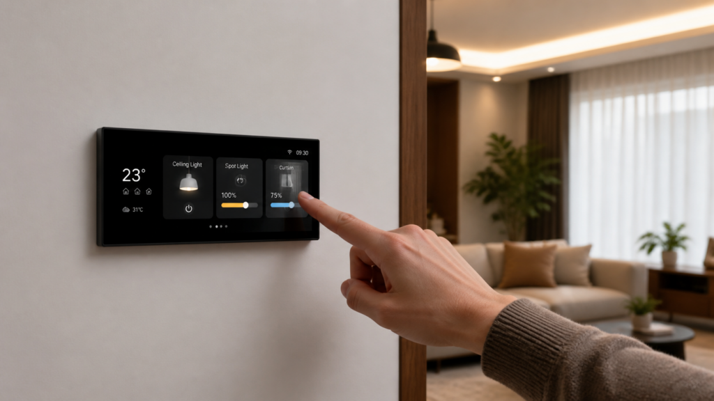 Aqara Panel Hub S1 Plus MP-K03D installed flush in a living room wall as a hand adjusts the controls