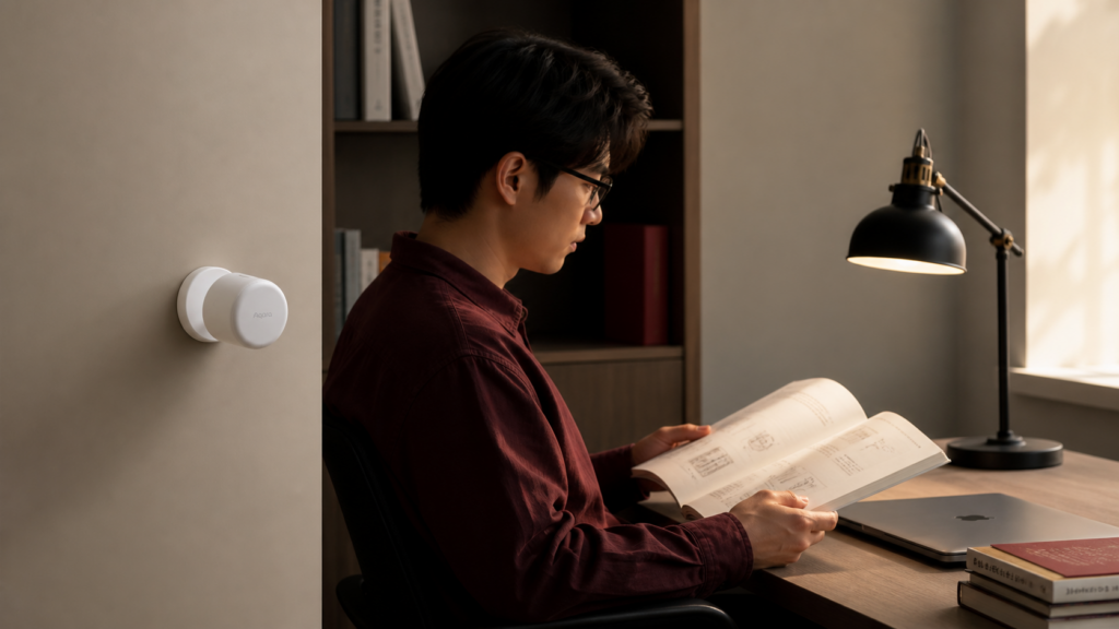 Battery-powered Aqara Presence Multi-Sensor FP310 monitoring a person reading quietly at a desk