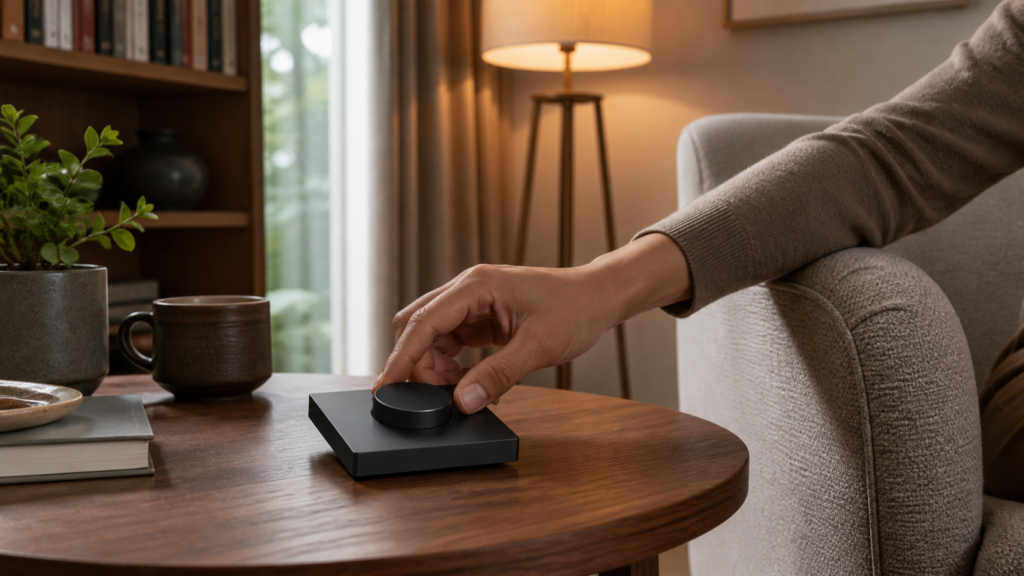 Aqara Rotary Knob H1 ZNXNKG02LM resting on a side table as a hand adjusts the room lighting
