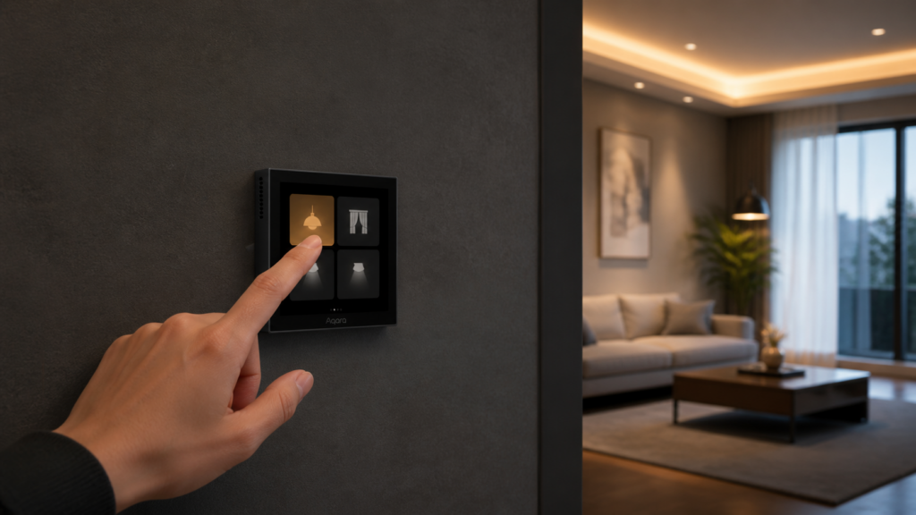 Aqara Scene Panel Switch S1 installed flush on a wall and controlling living room lights