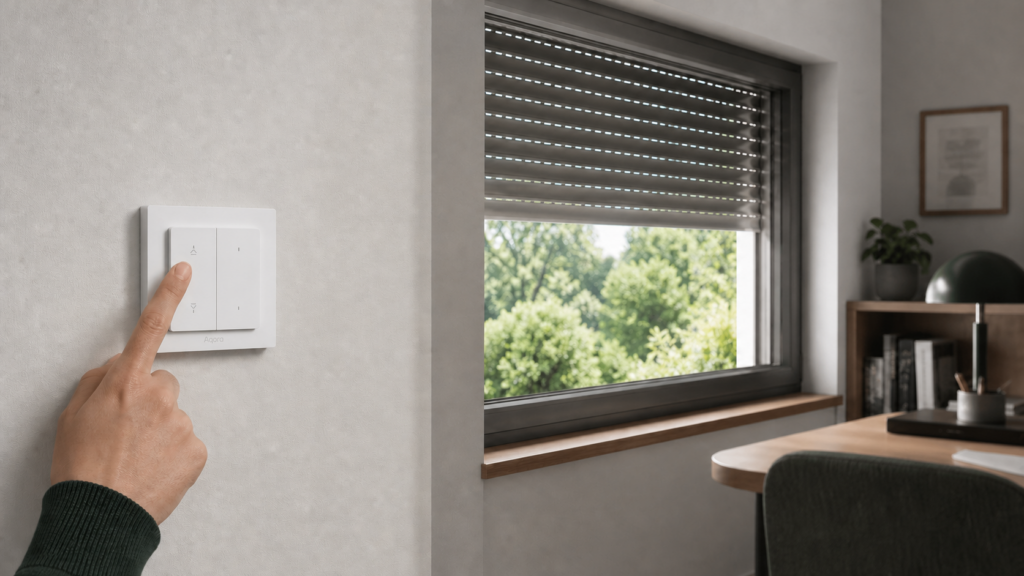 Aqara Shutter Switch H2 EU installed beside a window with its exterior roller shutter partially raised