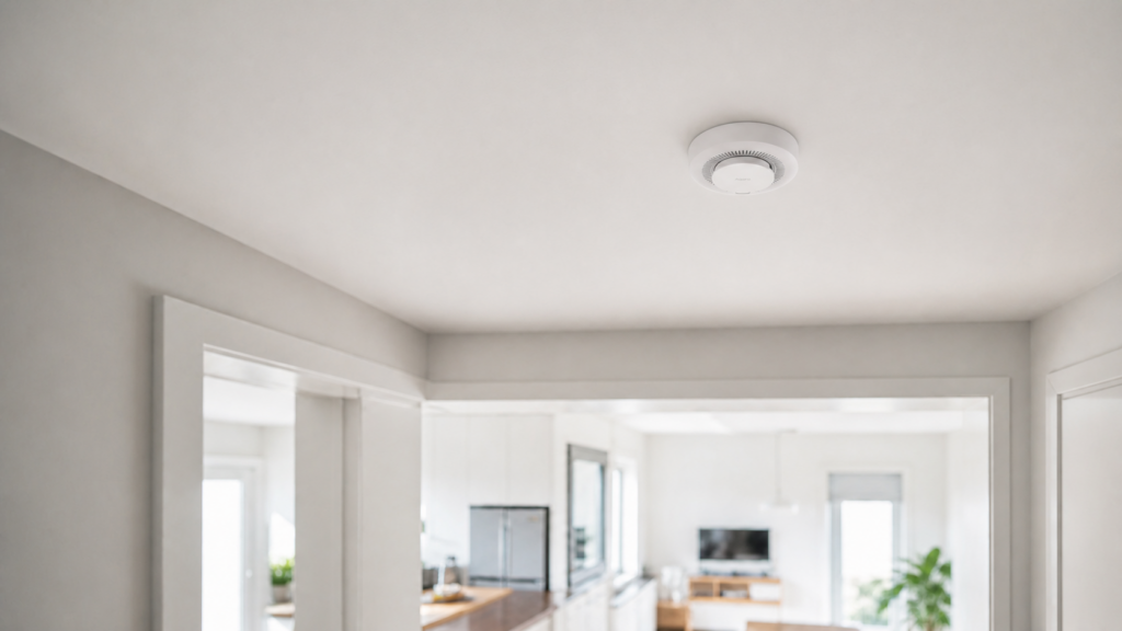 Aqara JY-GZ-01AQ smoke detector mounted on a hallway ceiling outside the kitchen