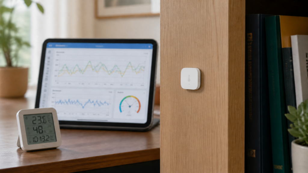 Aqara Temperature and Humidity Sensor T1 WSDCGQ12LM mounted indoors beside pressure calibration readings