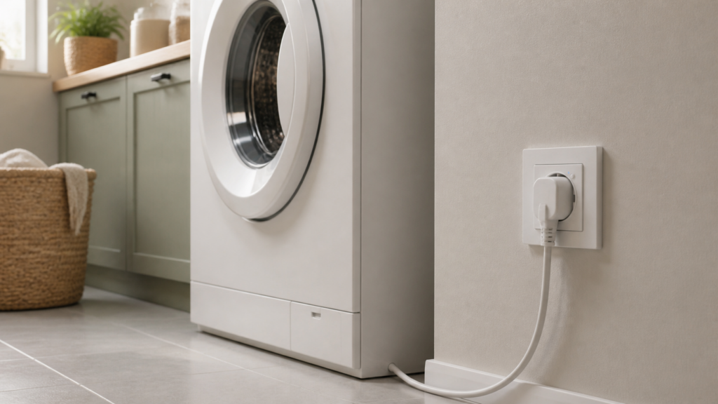 Aqara Wall Outlet H2 EU WP-P01D powering a washing machine through a fully seated Type F plug