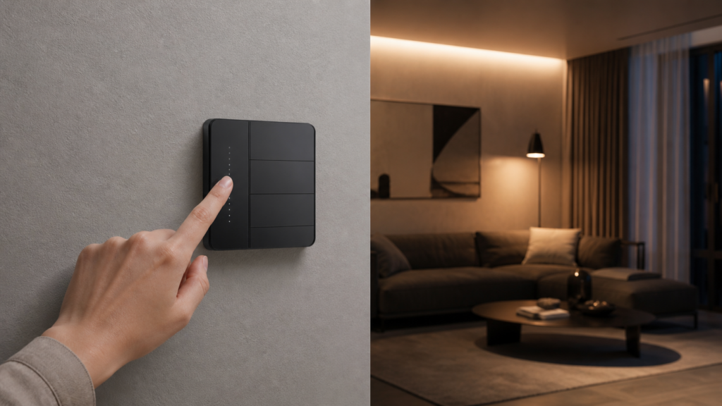 Aqara Wall Switch Z1 Pro installed beside a living room with a hand using its touch slider