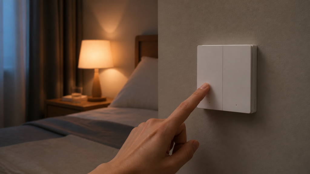 Aqara Wireless Remote Switch H1 WRS-R02 mounted beside a bed as a hand presses its left rocker
