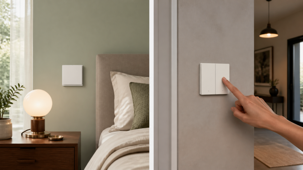 Aqara WXKG16LM single-rocker and WXKG15LM double-rocker wireless switches mounted beside home lighting