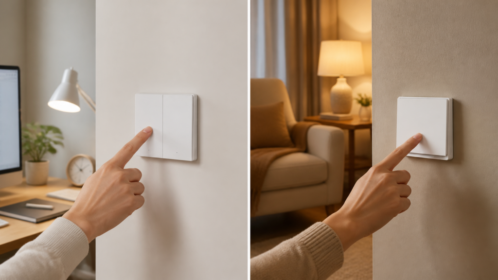 Aqara WXKG15LM double-rocker and WXKG16LM single-rocker wireless switches used in separate home scenes