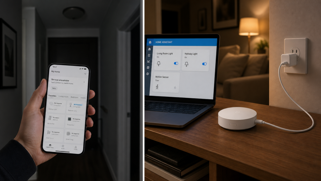 Unavailable Xiaomi Home cloud controls contrasted with local Home Assistant control through a Xiaomi Mijia gateway