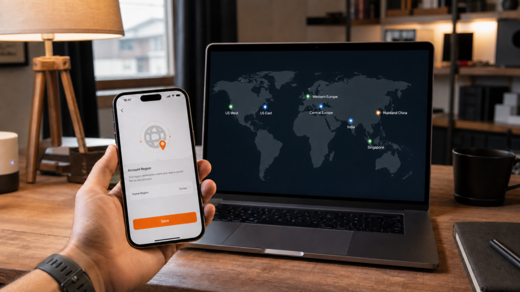 Smart Life account region on a phone beside a world map showing Tuya data center regions around the world