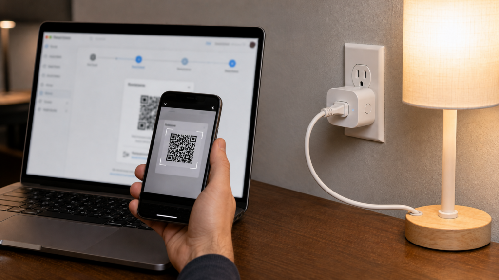 Phone scanning the Tuya IoT Platform account-linking QR code beside a Wi-Fi smart plug powering a table lamp