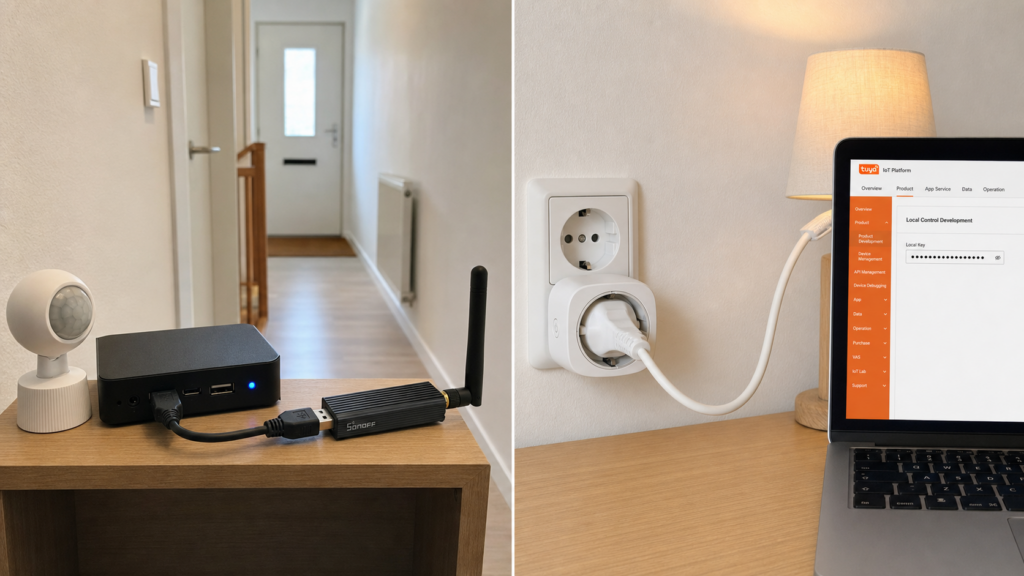 Tuya Zigbee motion sensor connected through a Sonoff coordinator beside a Wi-Fi smart plug and masked Tuya local key