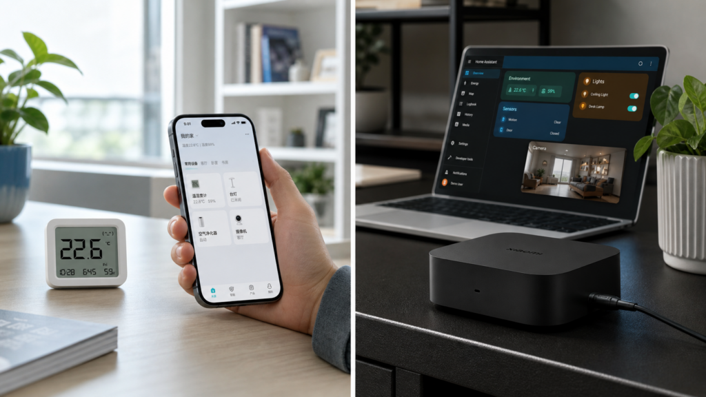 Comparison of Xiaomi Home cloud control on a phone and local Home Assistant control through a Xiaomi Central Hub Gateway