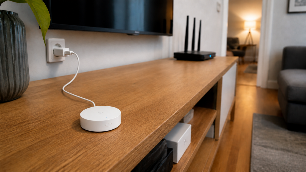 Xiaomi Mijia ZNDMWG03LM gateway on a media console with one continuous power cable connected to a wall charger
