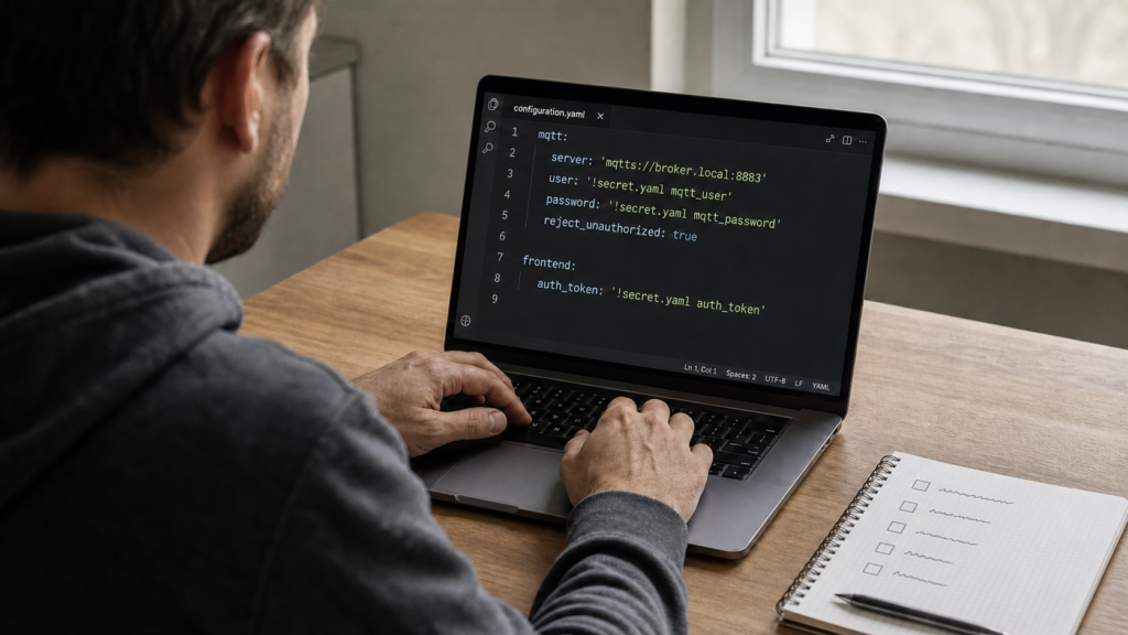 Home lab owner editing Zigbee2MQTT MQTT TLS, secret, certificate validation, and frontend authentication settings on a laptop.