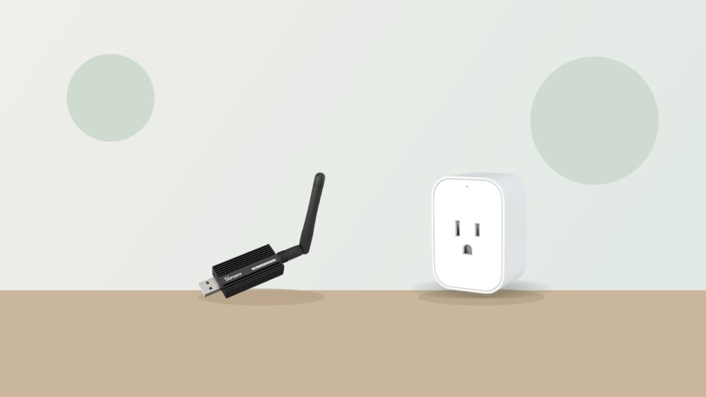 Sonoff Zigbee USB coordinator beside an Aqara smart plug, illustrating the join window a Zigbee network exposes