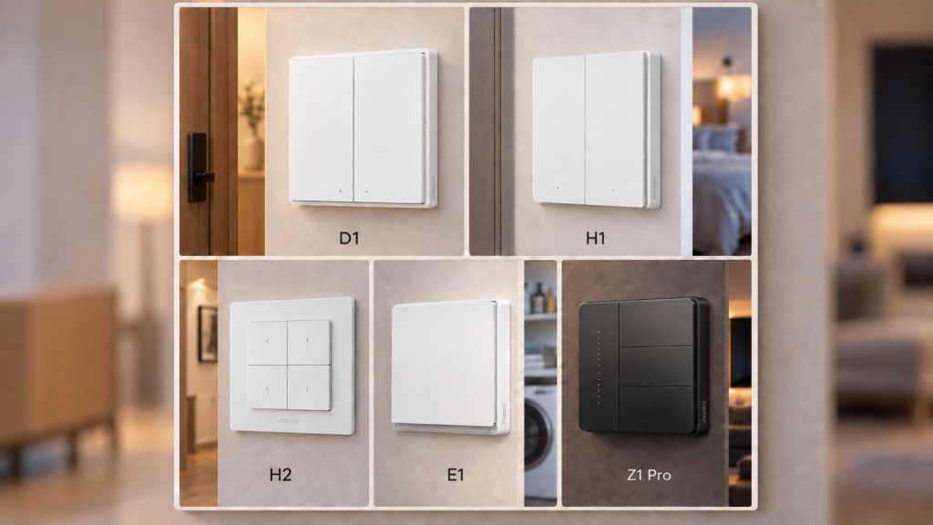 Aqara D1, H1, H2, E1 and Z1 Pro wall switches shown in five labeled installed room scenes.