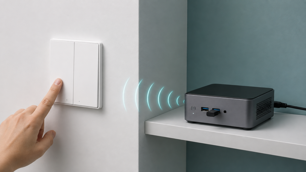 Aqara D1 QBKG22LM double-rocker wall switch being pressed beside a separate mini PC with a USB Zigbee coordinator.