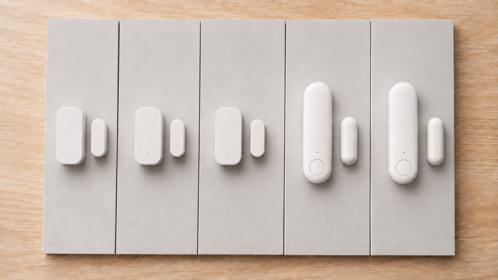 Five generations of Aqara door and window sensors shown as complete sensor and magnet pairs for comparison.