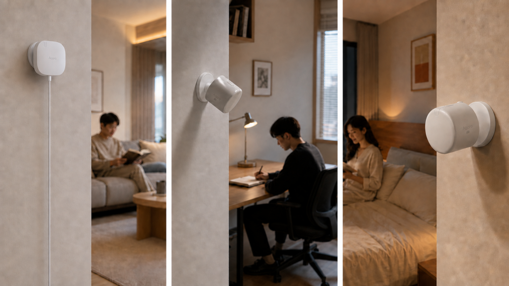 Aqara FP2, FP300, and FP310 presence sensors installed in separate living room, home office, and bedroom scenes.