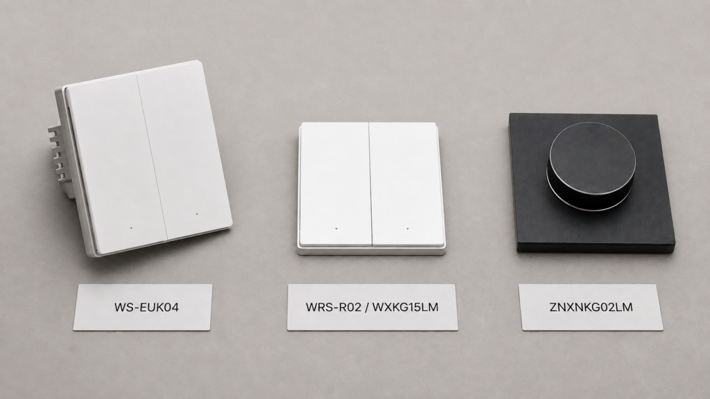 Aqara H1 wired wall switch, Wireless Remote Switch H1, and rotary dimmer arranged together with their model codes.