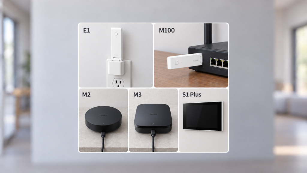 Aqara Hub E1, M100, M2, M3 and Panel Hub S1 Plus shown in separate labeled installation scenes.