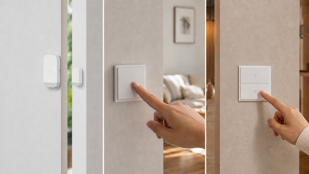 Aqara MCCGQ11LM door sensor installed across a door and frame beside separate scenes showing Aqara H1 and H2 wall switches being pressed.