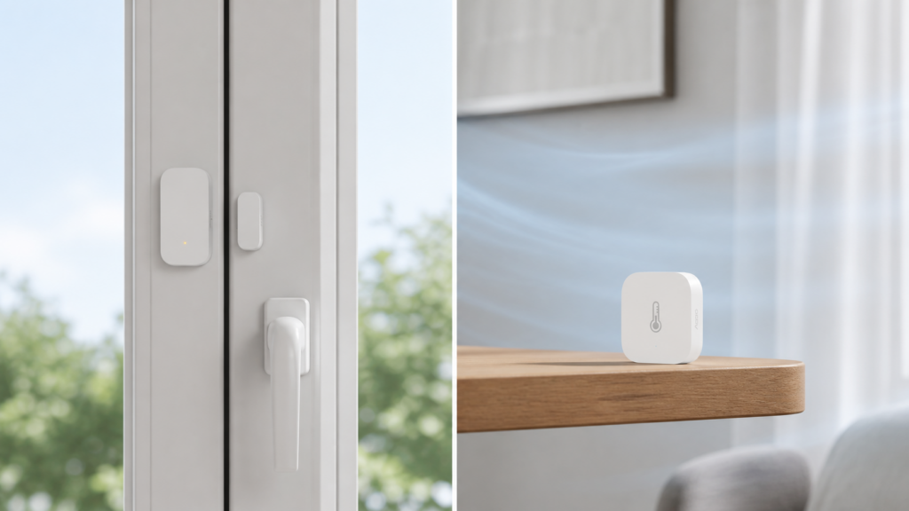 Aqara MCCGQ11LM window sensor aligned across a sash seam beside an Aqara WSDCGQ12LM ambient temperature sensor on a shelf.