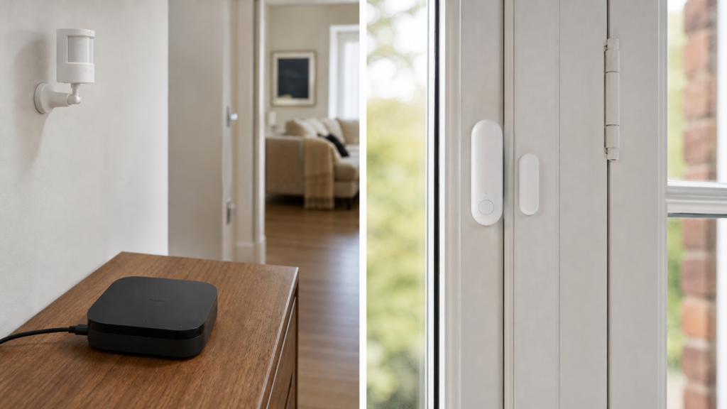 Aqara Motion Sensor P1 and Hub M3 beside a window fitted with an Aqara Door and Window Sensor P2.