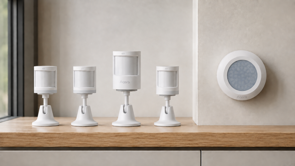 Five generations of Aqara motion sensors shown together with their distinct bodies, stands, and wall-mounted High Precision model.