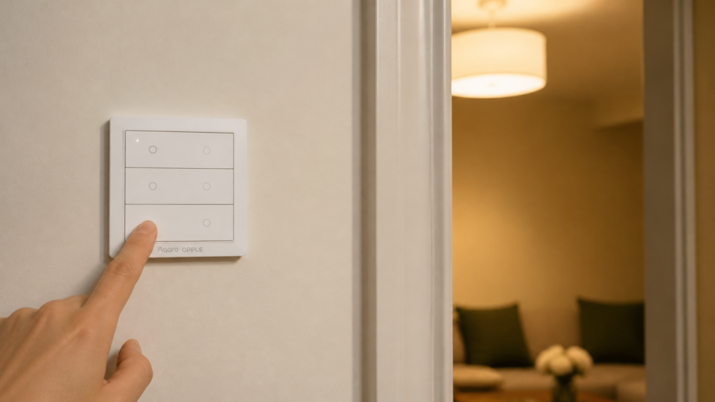 Aqara OPPLE WXCJKG13LM six-button wireless switch mounted beside a doorway and controlling room lighting.