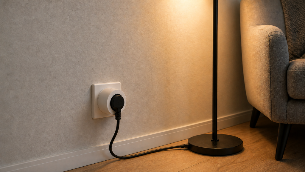 Aqara SP-EUC01 fully seated in a Type-F wall socket and powering a floor lamp through a continuous appliance cable.