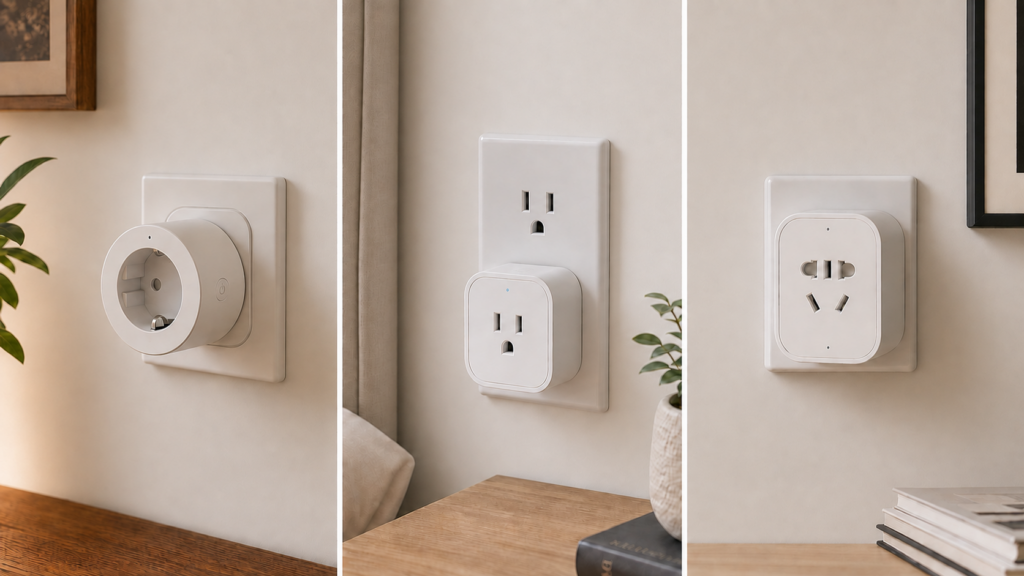 Aqara SP-EUC01, ZNCZ12LM, and ZNCZ15LM smart plugs installed in separate European, North American, and Chinese wall receptacles.