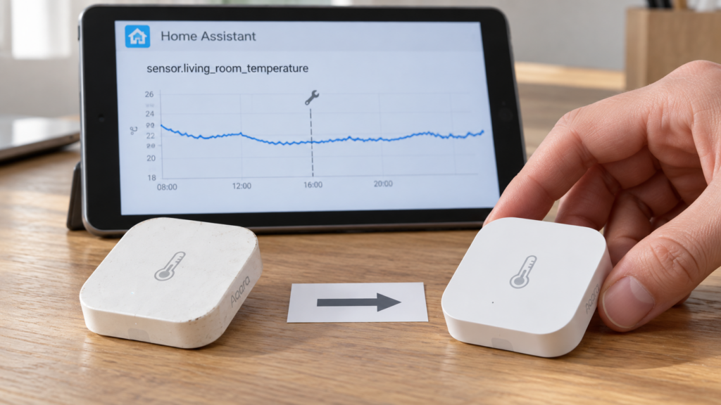 Worn and replacement Aqara WSDCGQ12LM temperature sensors beside a continuous Home Assistant history graph.